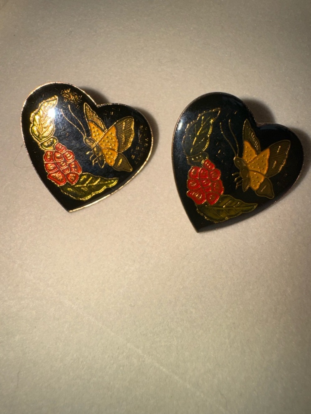 Cloisonné Heart Shaped Butterfly Floral Earrings